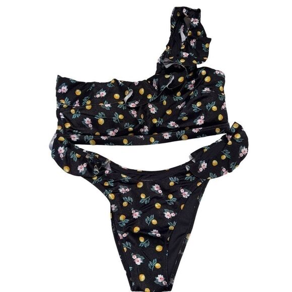 Victoria Secret 2 pc Black Lemon ruffle one shoulder brazilian bikini M - Picture 1 of 10
